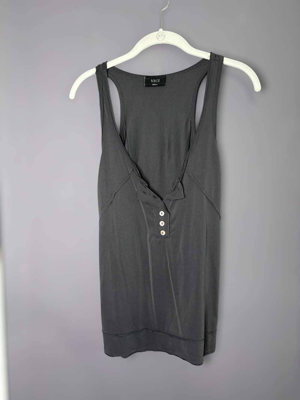 VICI Charcoal Gray Henley Racerback Tank Top Raw Edge Small